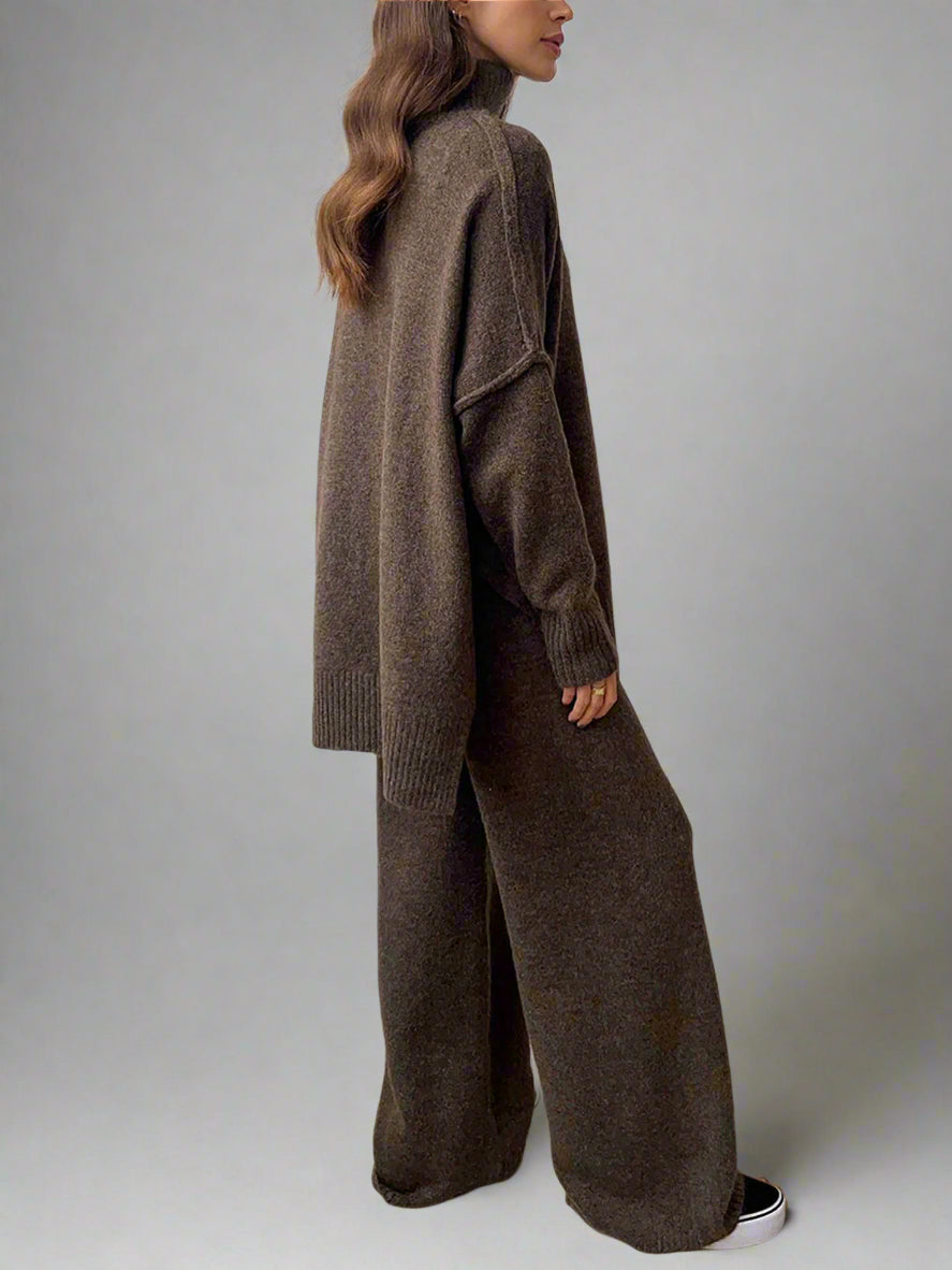 Ensemble de Lounge en Maille Douce avec Col Roulé pour Femmes, Pantalons Amples et Confortables, Casual d'Hiver pour le Quotidien