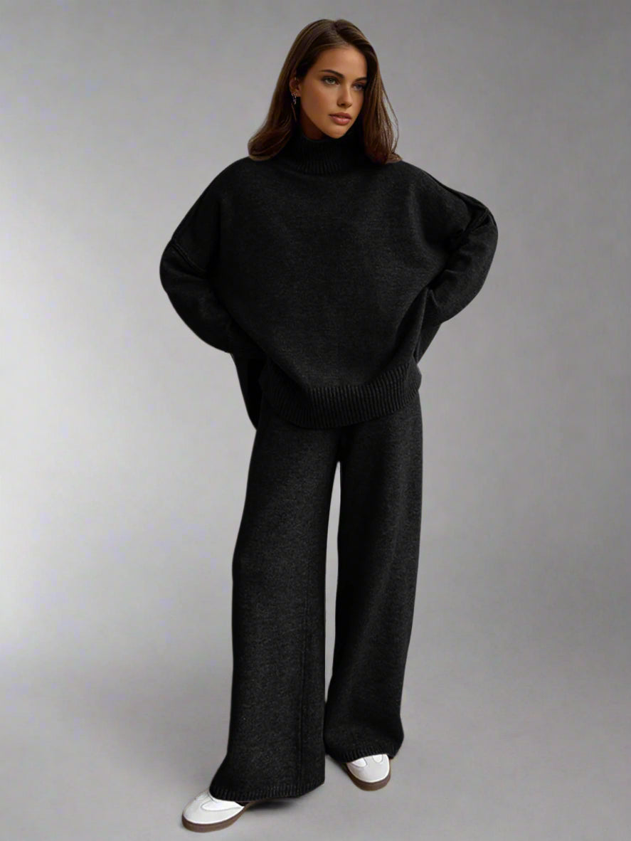 Completo lounge in maglia morbida con collo alto per donna, pantaloni ampi e comodi, casual invernale per tutti i giorni