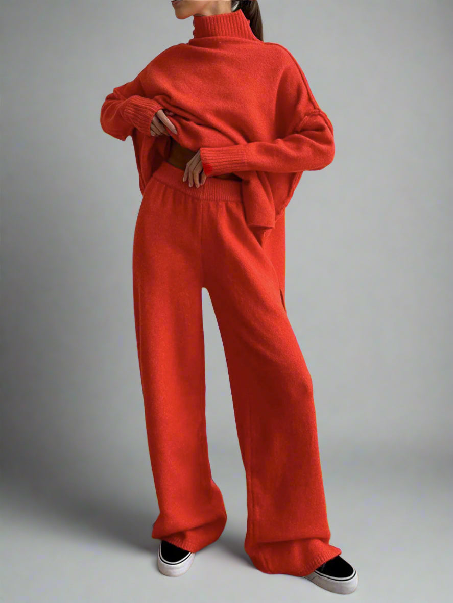 Ensemble de Lounge en Maille Douce avec Col Roulé pour Femmes, Pantalons Amples et Confortables, Casual d'Hiver pour le Quotidien