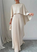 Robe de Mariage Longue pour Femme avec Cape Plissée Overlay Fluide Élégante Gown – Makayla