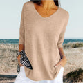 T-shirt estiva a maglia con scollo a V da donna, leggera, taglio casual, versatile e morbida – Gerda