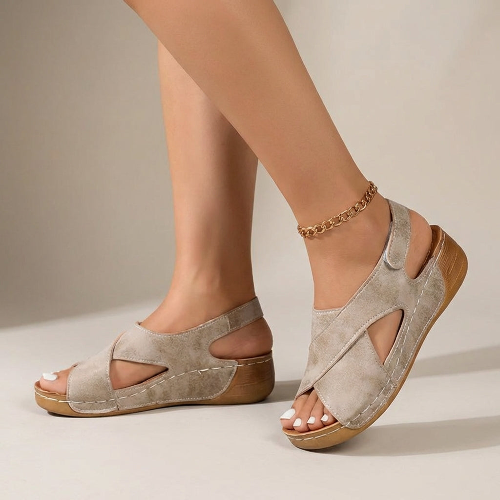 Damen Keilsandalen Offener Absatz Kreuzriemen Fersenriemen Erhöhte Sohle Elegant Bequem Freizeit Strand Urlaub Sommer – Sandbeige