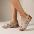 Damen Keilsandalen Offener Absatz Kreuzriemen Fersenriemen Erhöhte Sohle Elegant Bequem Freizeit Strand Urlaub Sommer – Sandbeige