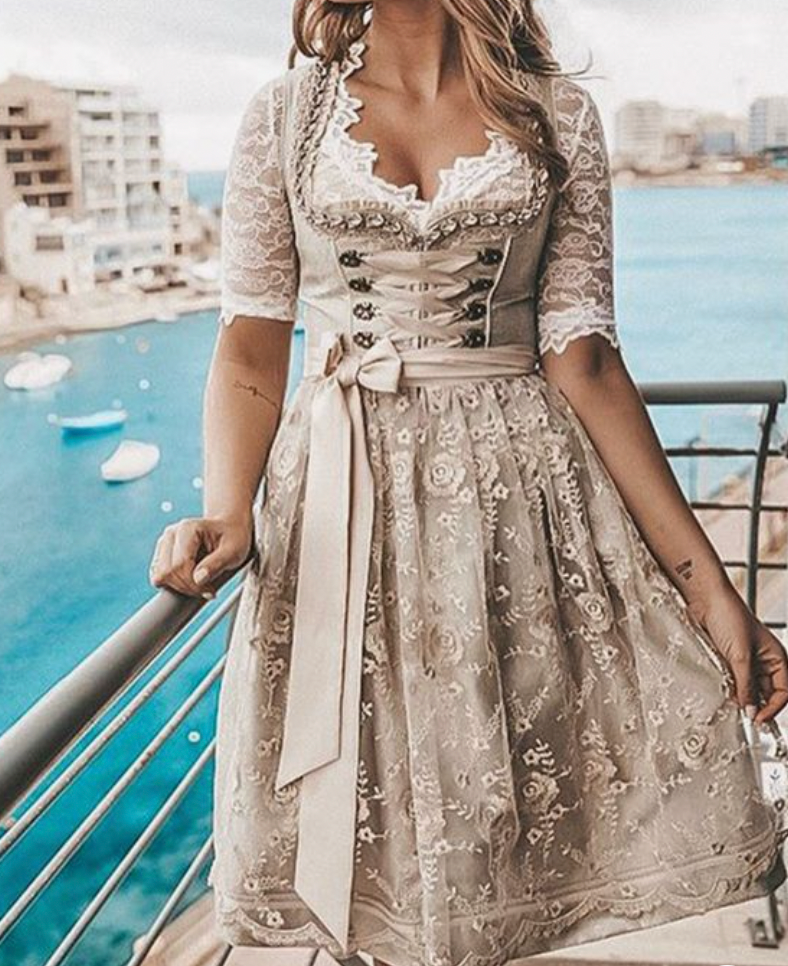 Abito tradizionale Dirndl da donna con corsetto allacciato, camicetta in pizzo di cotone, costume bavarese Oktoberfest – Heidi