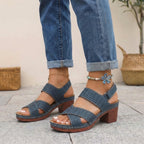 Orthopädische Plateau-Sandalen für Damen mit verstellbarem Riemen, offen, mit erhöhtem Absatz, elegant, bequem, lässig, für Büro und Sommer – Denim