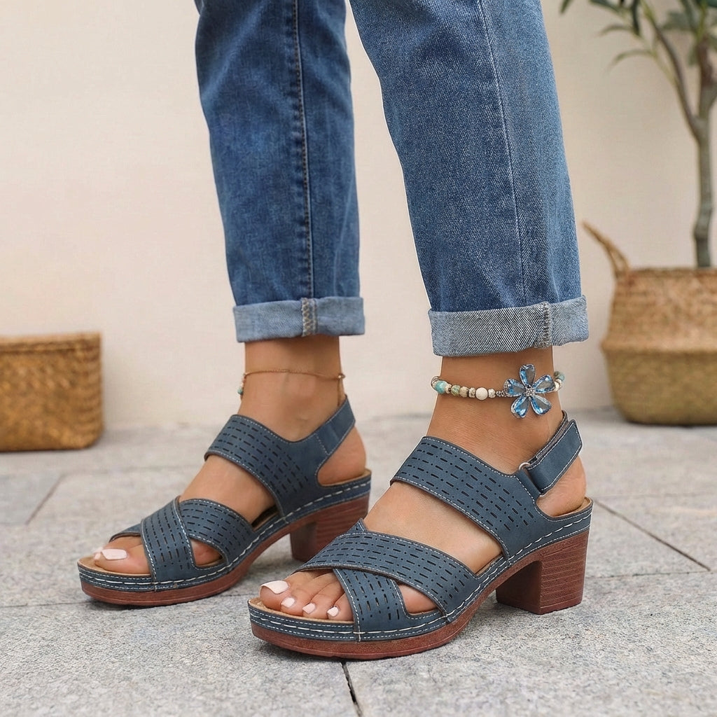 Orthopädische Plateau-Sandalen für Damen mit verstellbarem Riemen, offen, mit erhöhtem Absatz, elegant, bequem, lässig, für Büro und Sommer – Denim