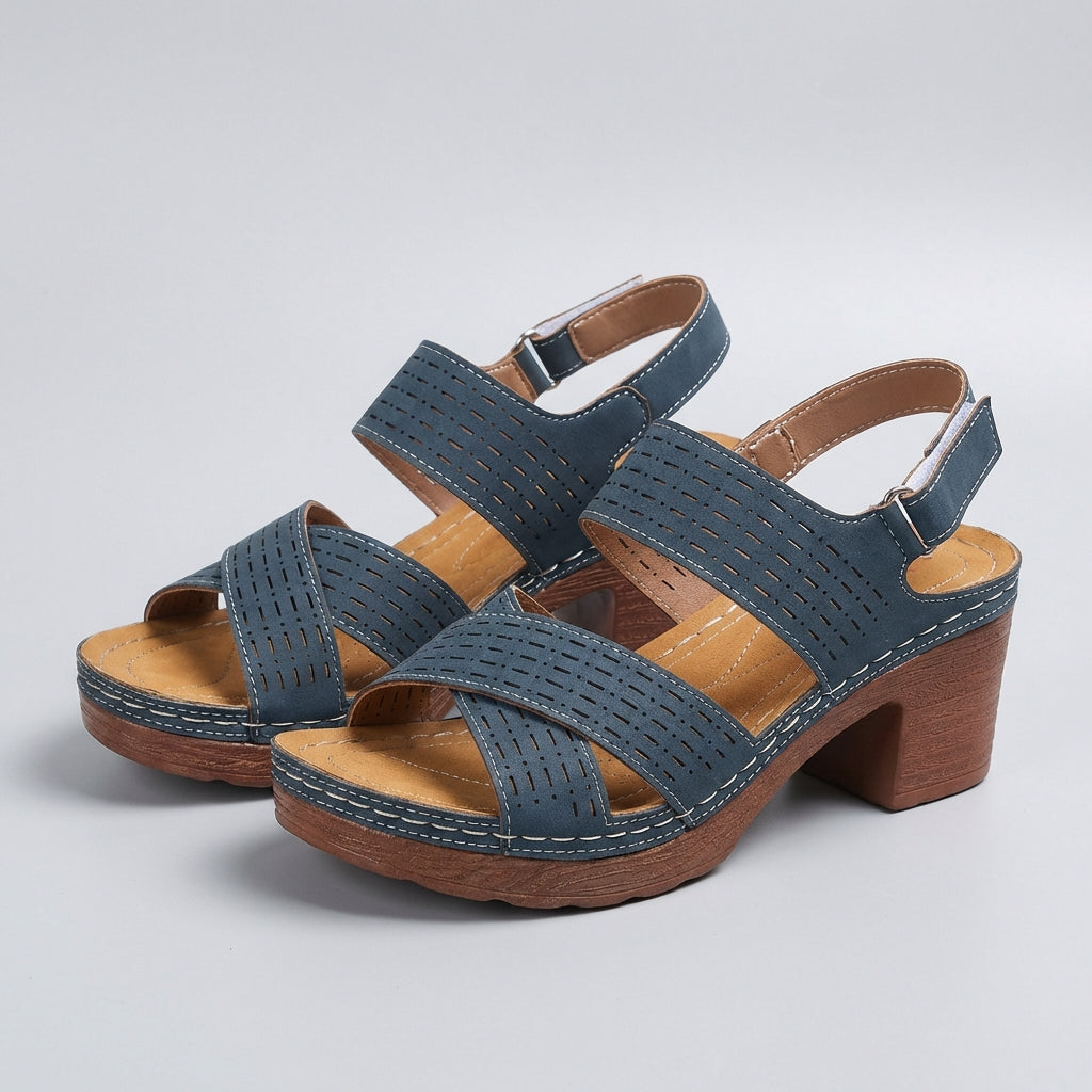 Orthopädische Plateau-Sandalen für Damen mit verstellbarem Riemen, offen, mit erhöhtem Absatz, elegant, bequem, lässig, für Büro und Sommer – Denim