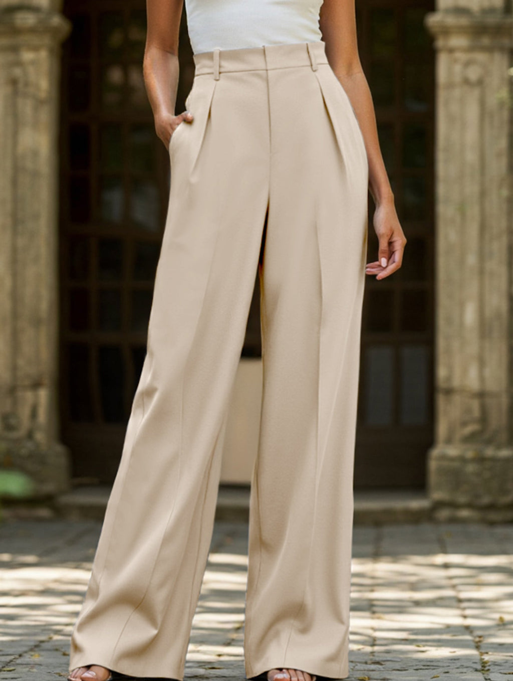 Pantalon Large Taille Haute Femme à Plis Avant Bureau Casual Formel