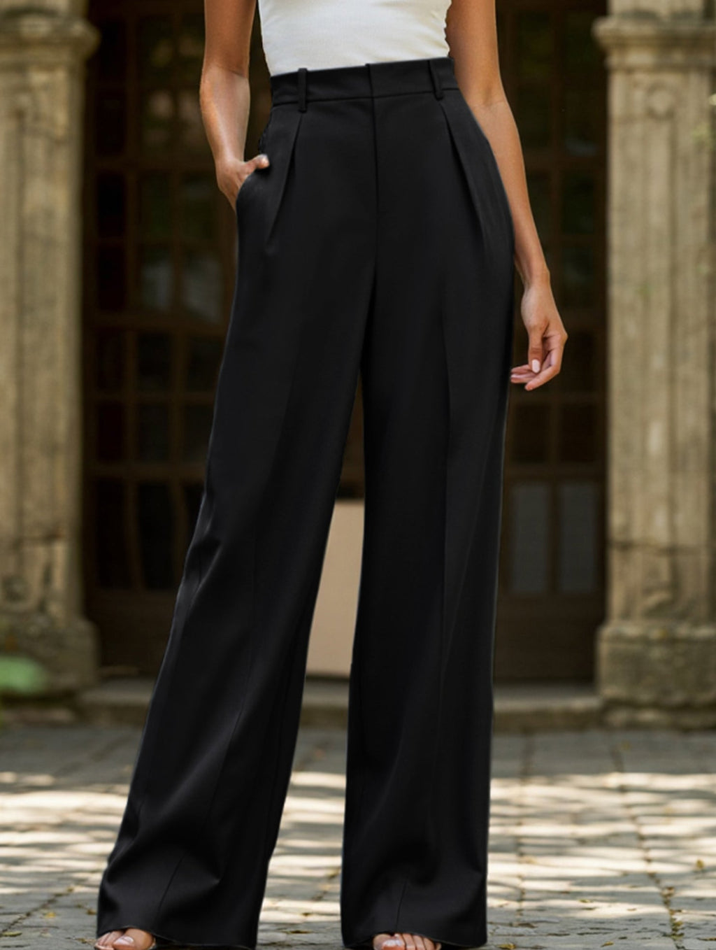 Pantalon Large Taille Haute Femme à Plis Avant Bureau Casual Formel