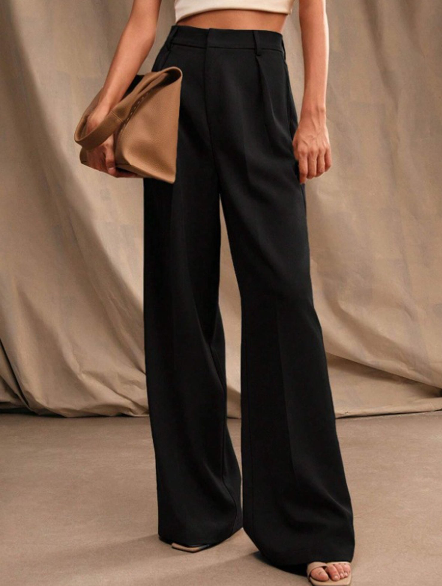 Pantalon Large Taille Haute Femme à Plis Avant Bureau Casual Formel