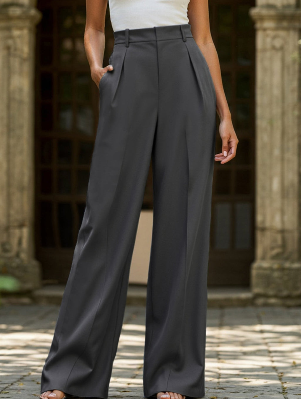 Pantalon Large Taille Haute Femme à Plis Avant Bureau Casual Formel
