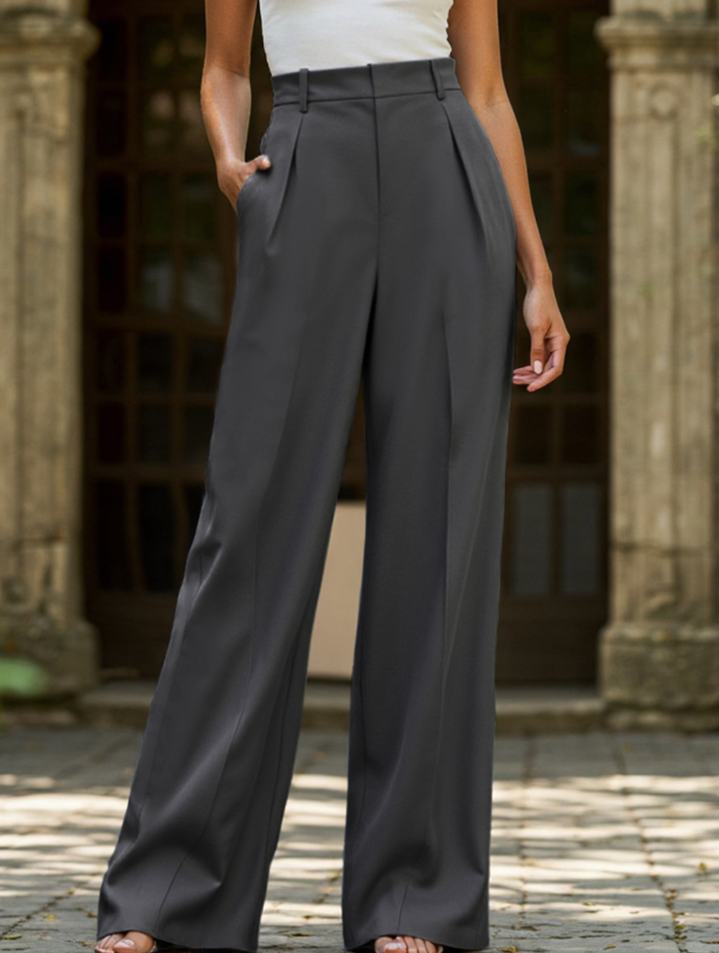 Pantalon Large Taille Haute Femme à Plis Avant Bureau Casual Formel