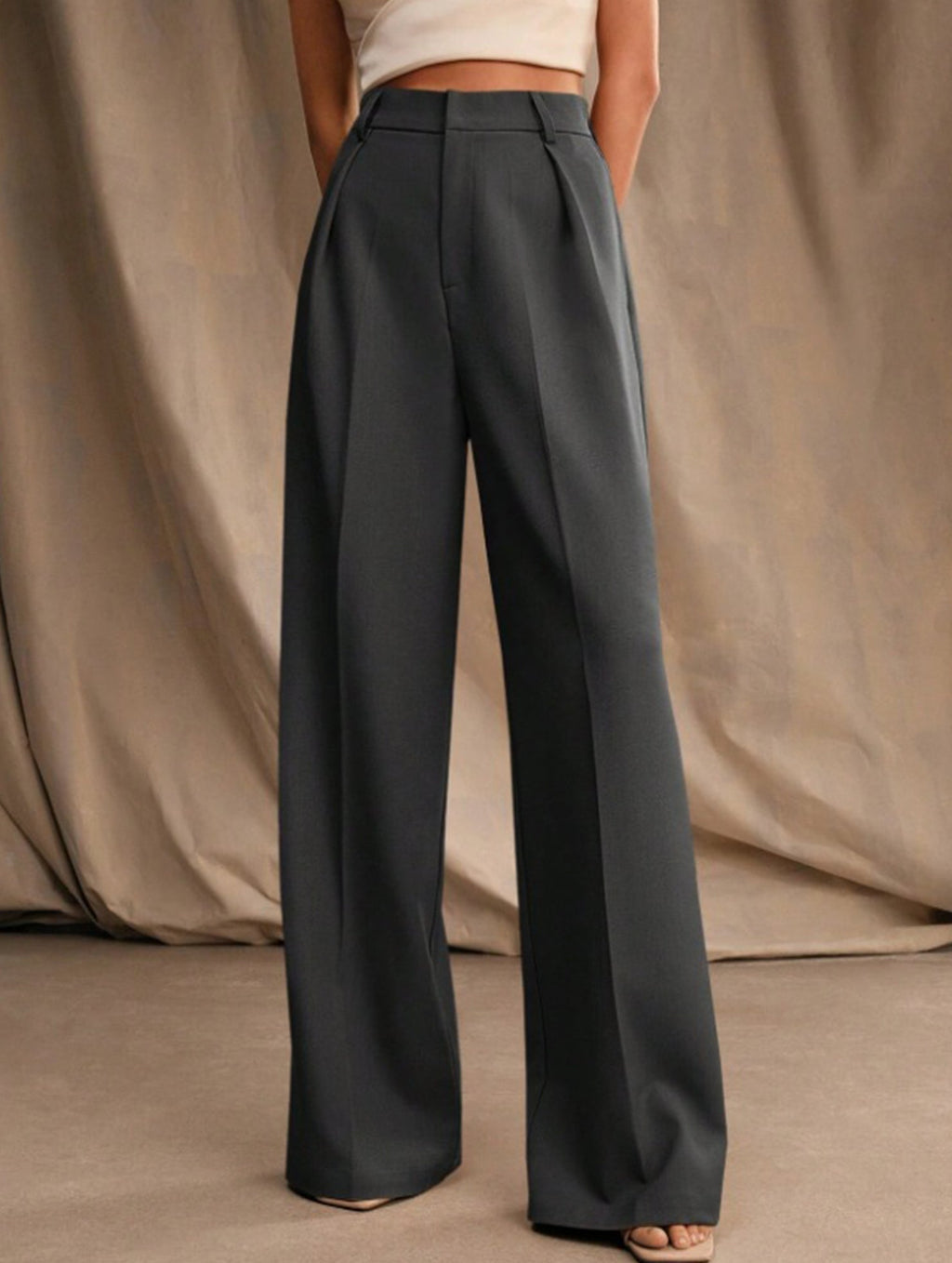 Pantalon Large Taille Haute Femme à Plis Avant Bureau Casual Formel