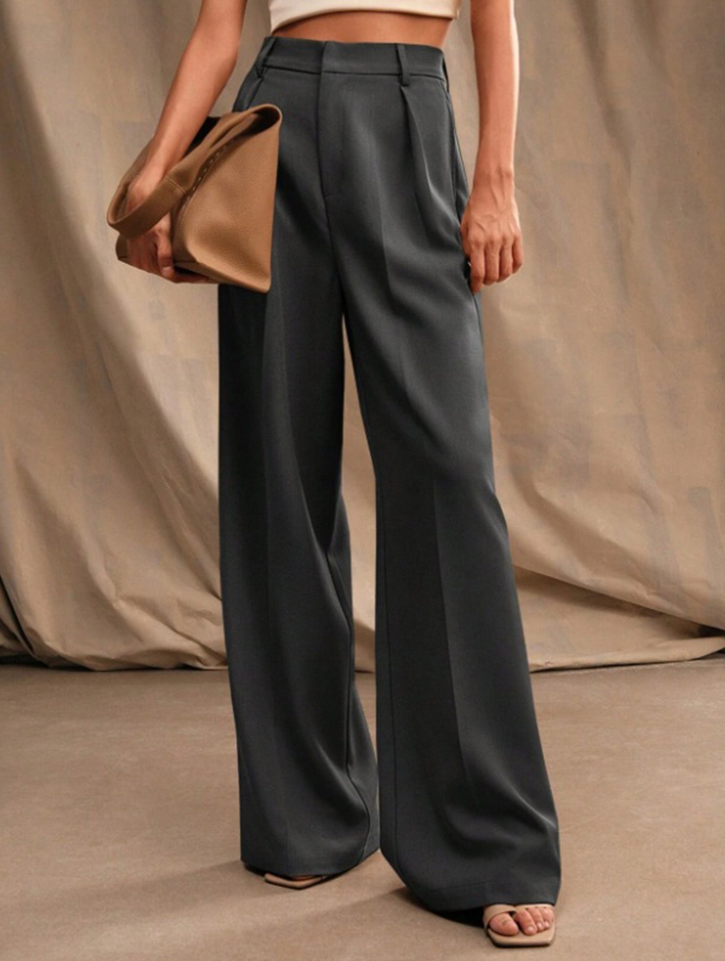 Pantalon Large Taille Haute Femme à Plis Avant Bureau Casual Formel
