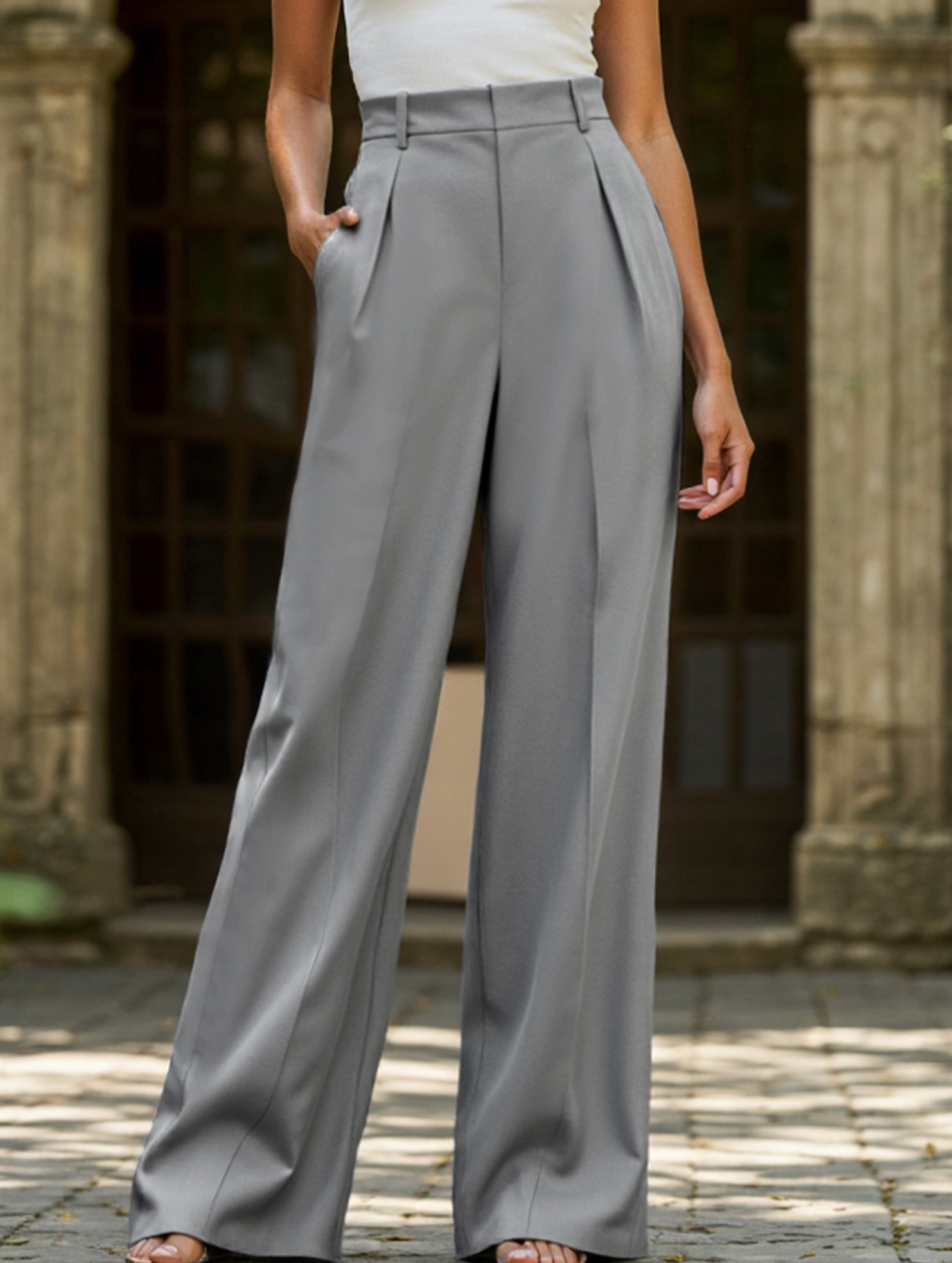 Pantalon Large Taille Haute Femme à Plis Avant Bureau Casual Formel