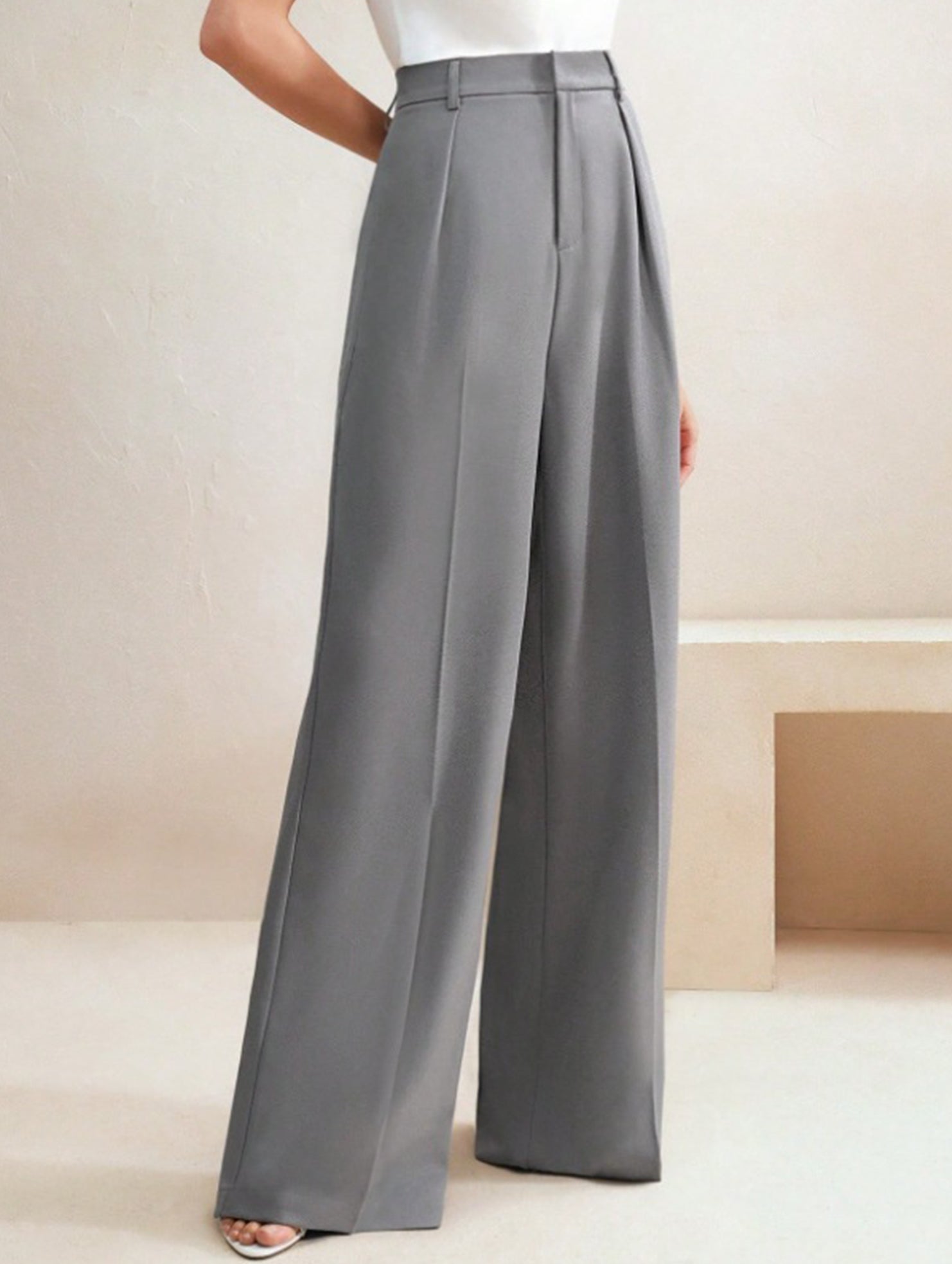 Pantalon Large Taille Haute Femme à Plis Avant Bureau Casual Formel