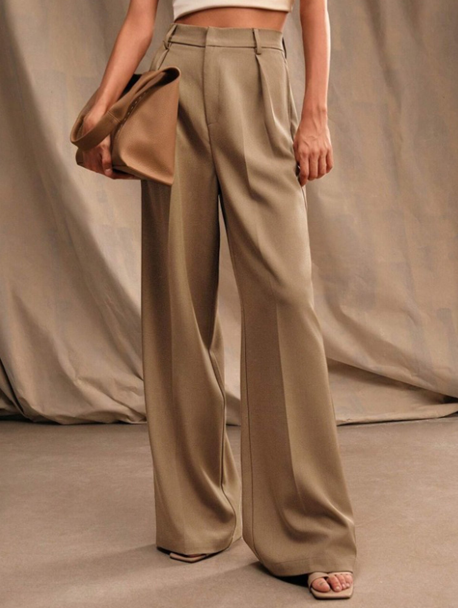 Pantalon Large Taille Haute Femme à Plis Avant Bureau Casual Formel