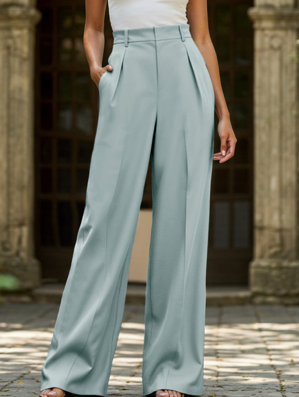 Pantalon Large Taille Haute Femme à Plis Avant Bureau Casual Formel