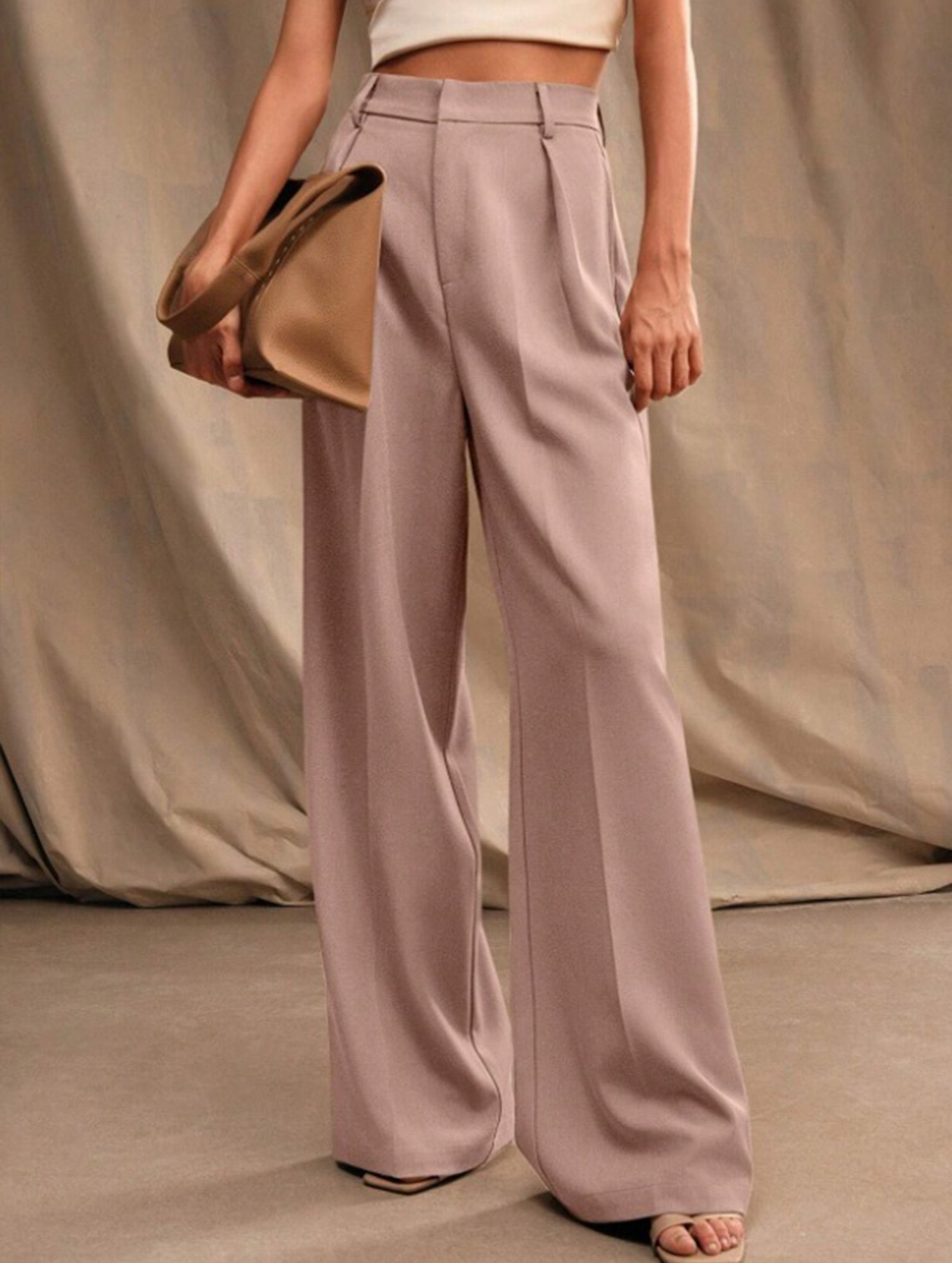 Pantalon Large Taille Haute Femme à Plis Avant Bureau Casual Formel
