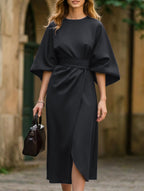Robe Midi Élégante Pour Femme, Couleur Unie, Enroulée Avec Nœud, Manches Batwing, En Polyester, Pour Invité De Mariage, Soirée Formelle