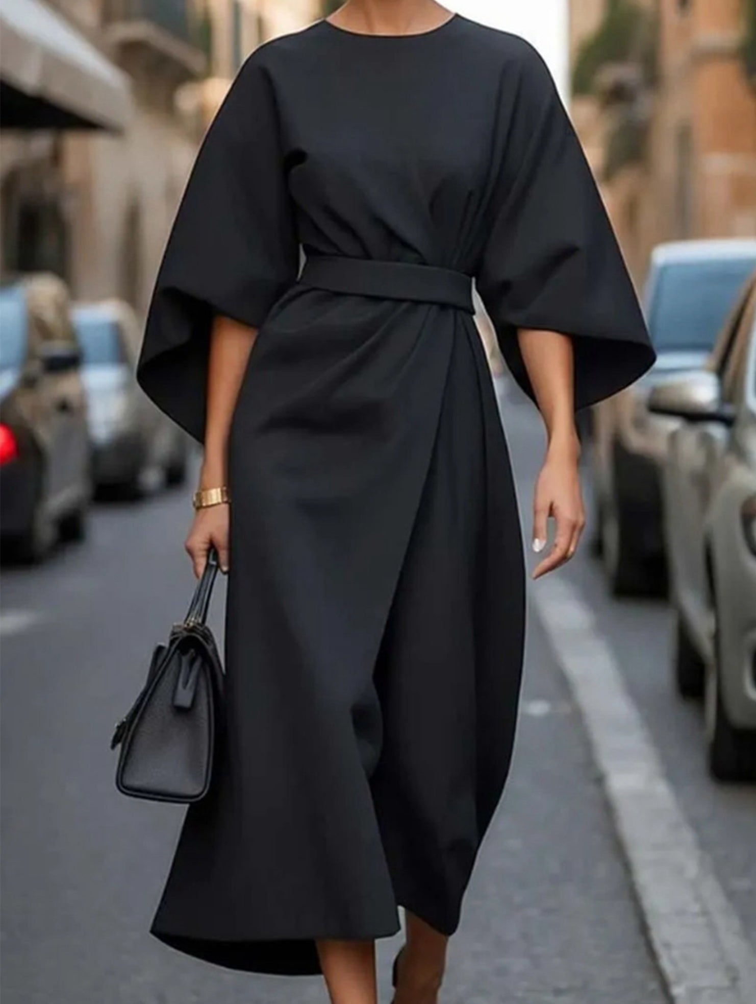 Robe Midi Élégante Pour Femme, Couleur Unie, Enroulée Avec Nœud, Manches Batwing, En Polyester, Pour Invité De Mariage, Soirée Formelle