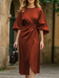 Robe Midi Élégante Pour Femme, Couleur Unie, Enroulée Avec Nœud, Manches Batwing, En Polyester, Pour Invité De Mariage, Soirée Formelle