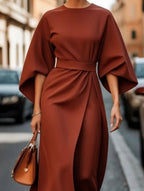 Robe Midi Élégante Pour Femme, Couleur Unie, Enroulée Avec Nœud, Manches Batwing, En Polyester, Pour Invité De Mariage, Soirée Formelle