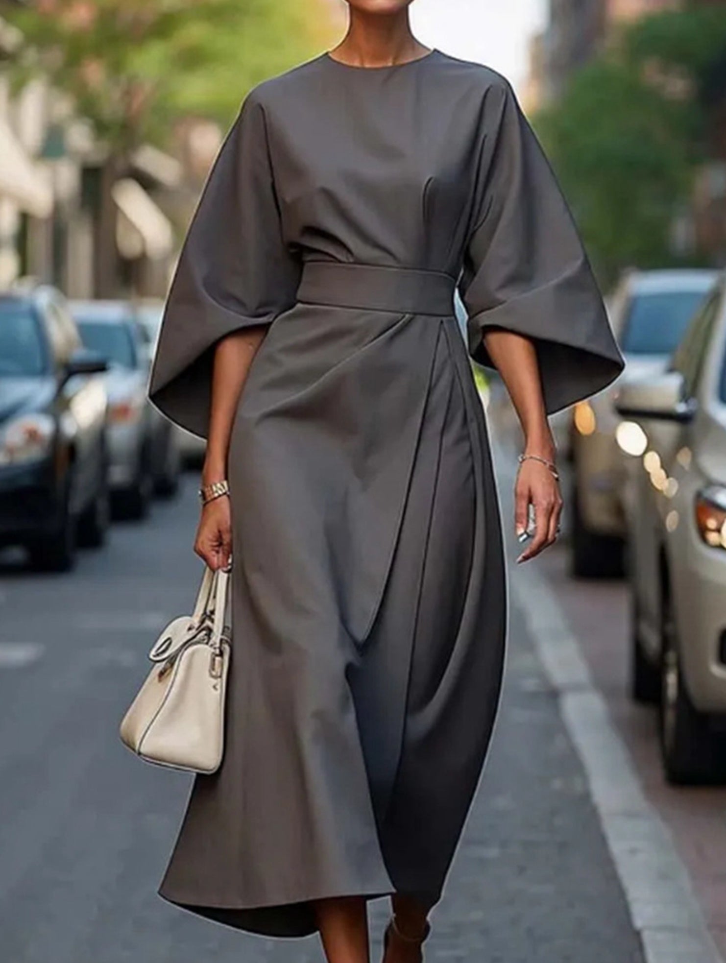 Robe Midi Élégante Pour Femme, Couleur Unie, Enroulée Avec Nœud, Manches Batwing, En Polyester, Pour Invité De Mariage, Soirée Formelle