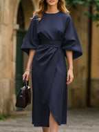 Robe Midi Élégante Pour Femme, Couleur Unie, Enroulée Avec Nœud, Manches Batwing, En Polyester, Pour Invité De Mariage, Soirée Formelle