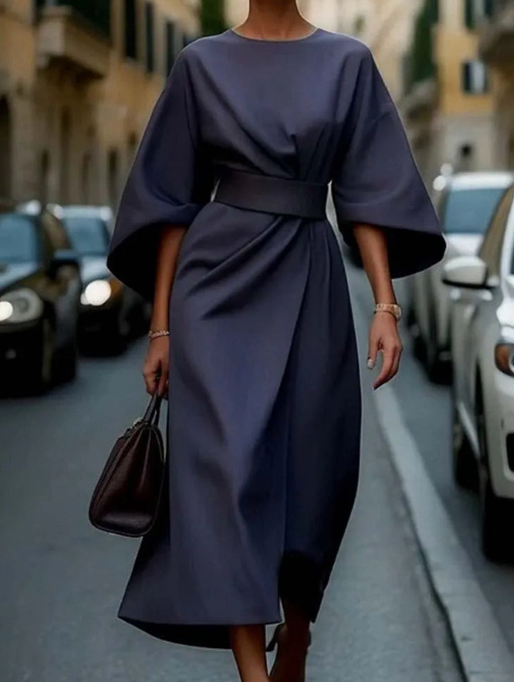 Robe Midi Élégante Pour Femme, Couleur Unie, Enroulée Avec Nœud, Manches Batwing, En Polyester, Pour Invité De Mariage, Soirée Formelle