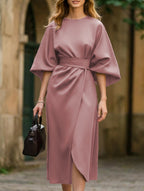 Robe Midi Élégante Pour Femme, Couleur Unie, Enroulée Avec Nœud, Manches Batwing, En Polyester, Pour Invité De Mariage, Soirée Formelle