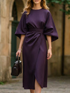 Robe Midi Élégante Pour Femme, Couleur Unie, Enroulée Avec Nœud, Manches Batwing, En Polyester, Pour Invité De Mariage, Soirée Formelle
