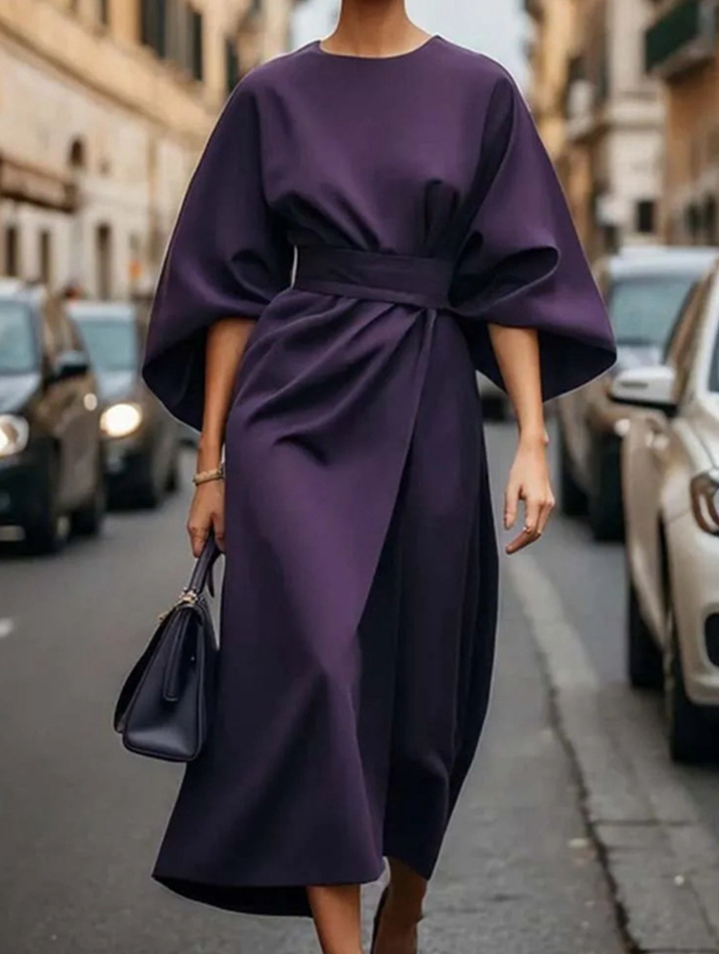 Robe Midi Élégante Pour Femme, Couleur Unie, Enroulée Avec Nœud, Manches Batwing, En Polyester, Pour Invité De Mariage, Soirée Formelle