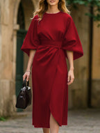 Robe Midi Élégante Pour Femme, Couleur Unie, Enroulée Avec Nœud, Manches Batwing, En Polyester, Pour Invité De Mariage, Soirée Formelle