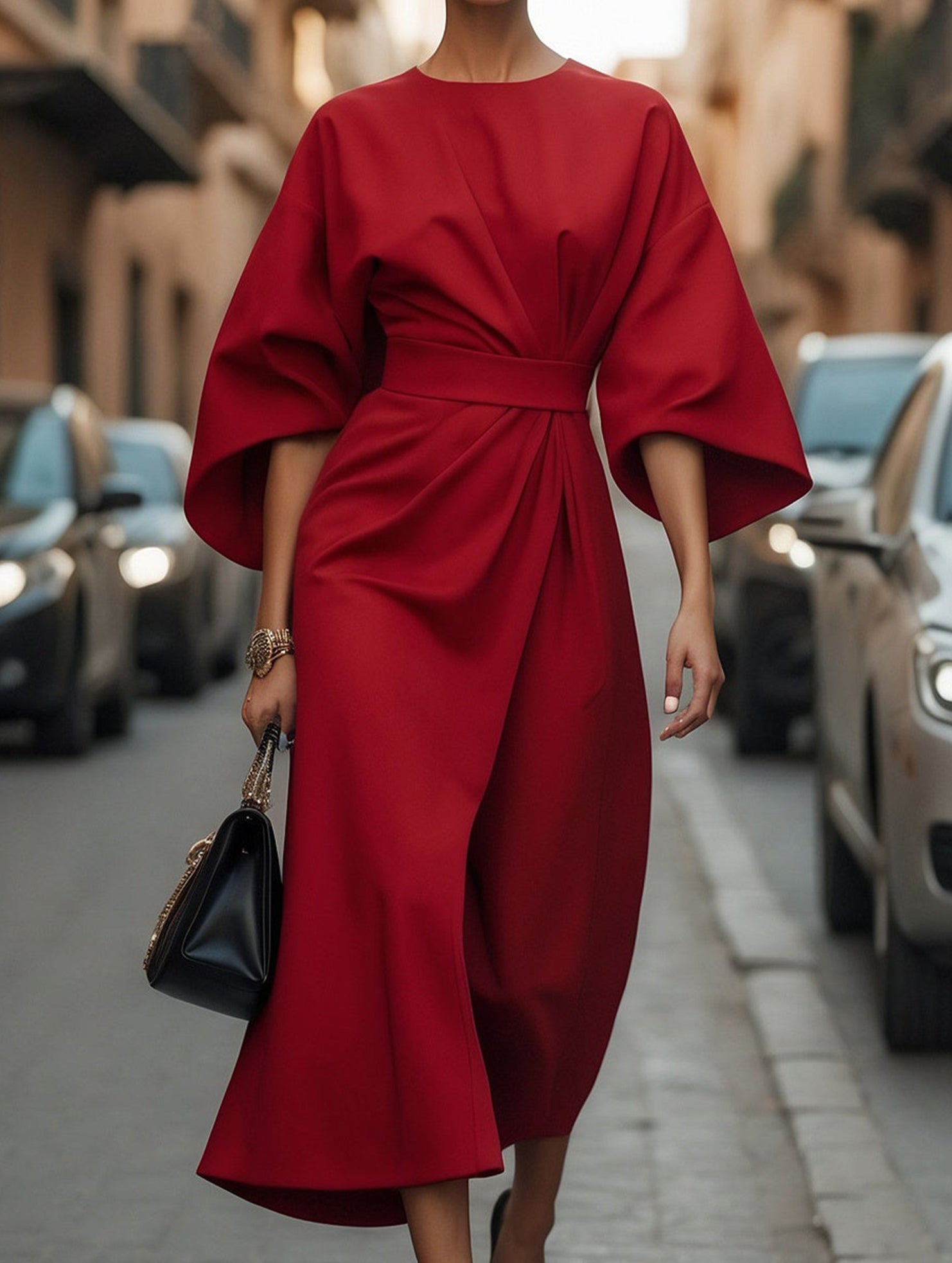 Robe Midi Élégante Pour Femme, Couleur Unie, Enroulée Avec Nœud, Manches Batwing, En Polyester, Pour Invité De Mariage, Soirée Formelle