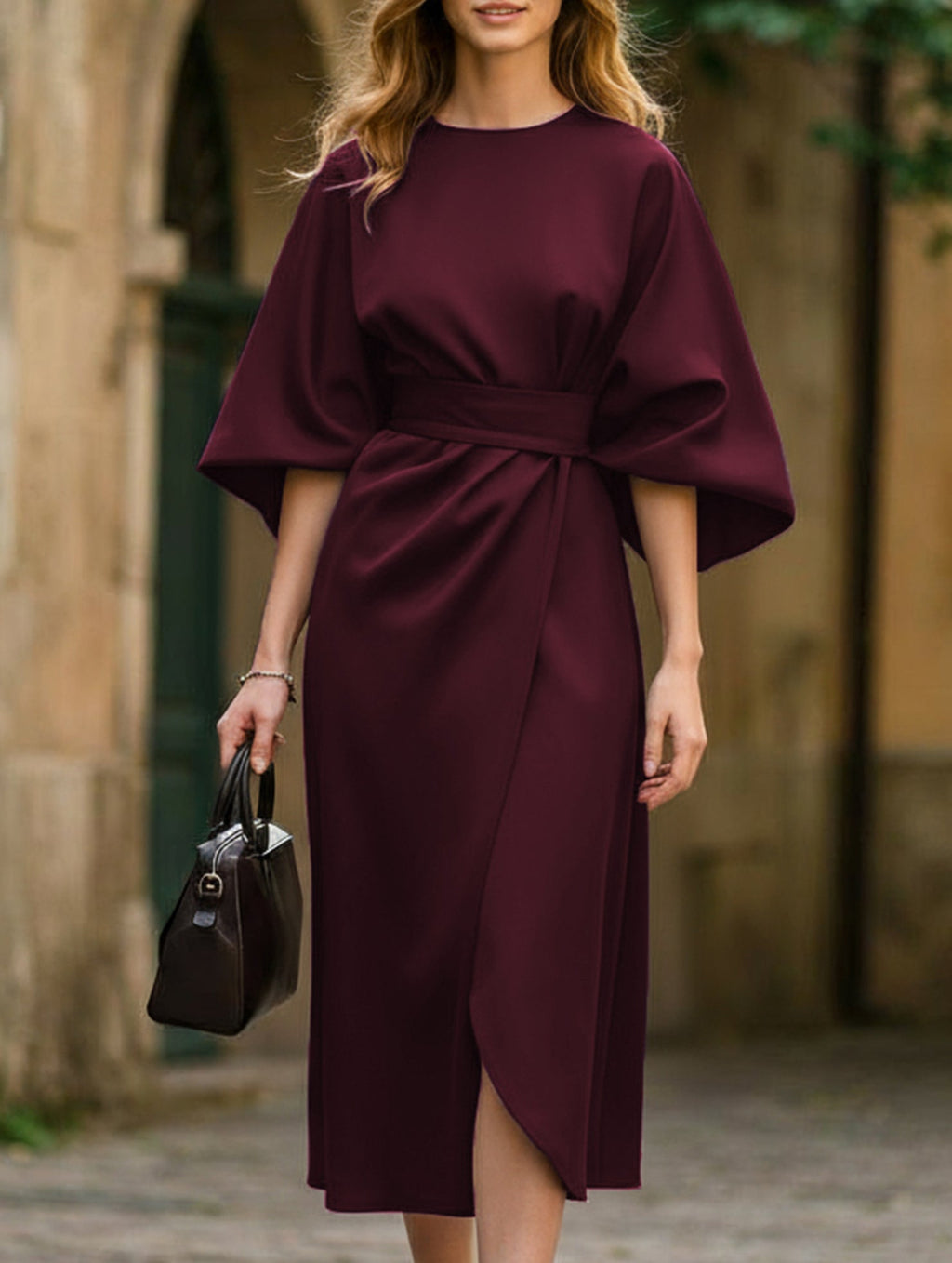 Robe Midi Élégante Pour Femme, Couleur Unie, Enroulée Avec Nœud, Manches Batwing, En Polyester, Pour Invité De Mariage, Soirée Formelle