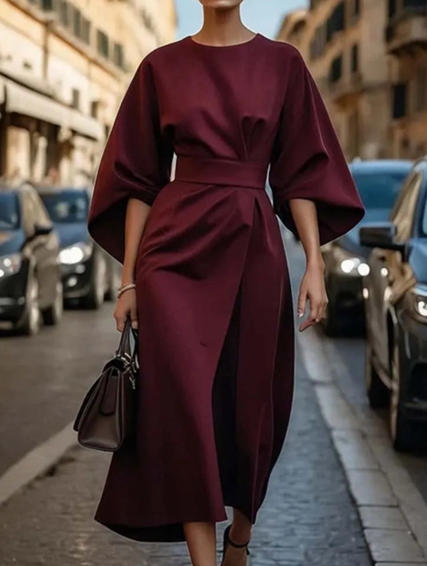 Robe Midi Élégante Pour Femme, Couleur Unie, Enroulée Avec Nœud, Manches Batwing, En Polyester, Pour Invité De Mariage, Soirée Formelle