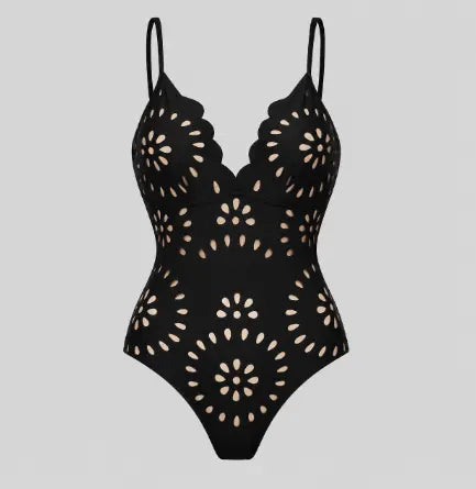 Ensemble Maillot de Bain Une Pièce Noir Découpe Laser Jupe Maxi Fluide Resort Plage Soirée Lune de Miel Gala – Obscura