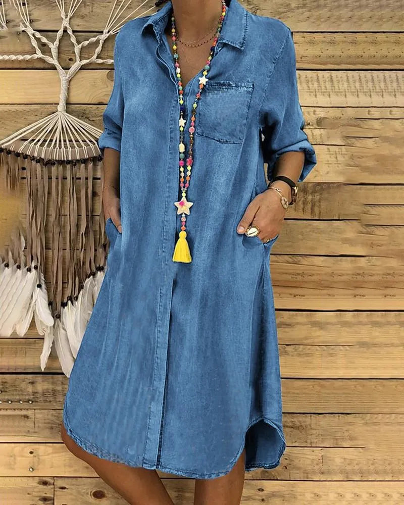 Robe Chemise en Jean Décontractée pour Femmes avec Col Boutonné, Poches, Coupe Relaxée, Style Midi d'Été