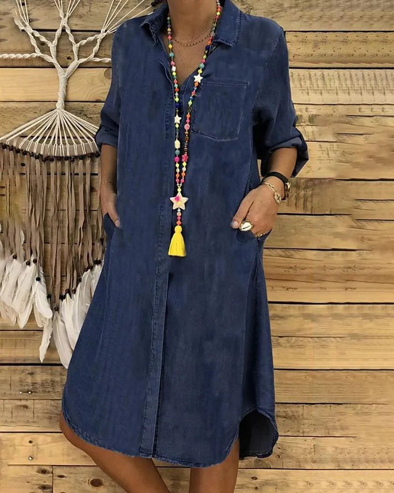 Robe Chemise en Jean Décontractée pour Femmes avec Col Boutonné, Poches, Coupe Relaxée, Style Midi d'Été