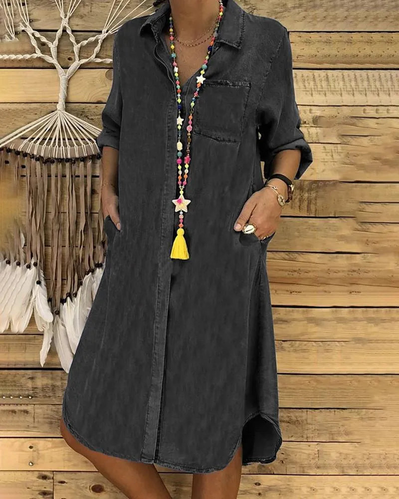 Robe Chemise en Jean Décontractée pour Femmes avec Col Boutonné, Poches, Coupe Relaxée, Style Midi d'Été