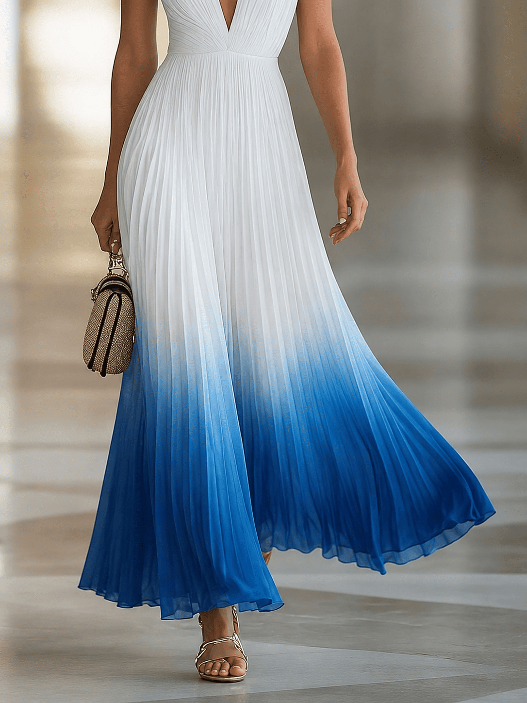 Vestido largo plisado elegante para mujeres en chiffon con escote en V para formal, fiesta, verano, invitadas de boda - degradado azul y blanco