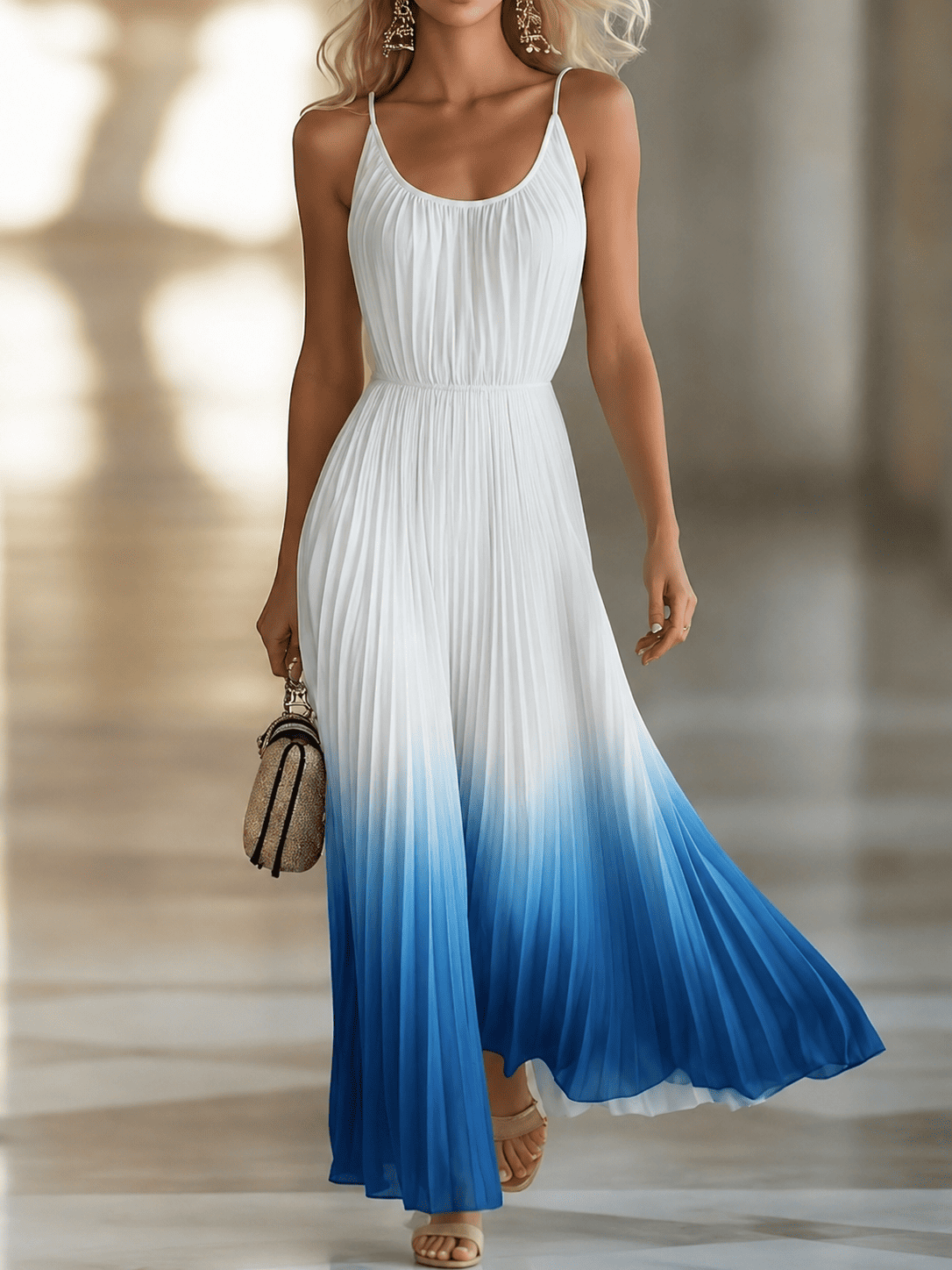 Vestido largo plisado elegante para mujeres en chiffon con escote en V para formal, fiesta, verano, invitadas de boda - degradado azul y blanco