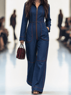 Salopeta de mezclilla casual para mujer estilo retro con cuello y costuras rojas, bolsillos en pierna ancha – Azul