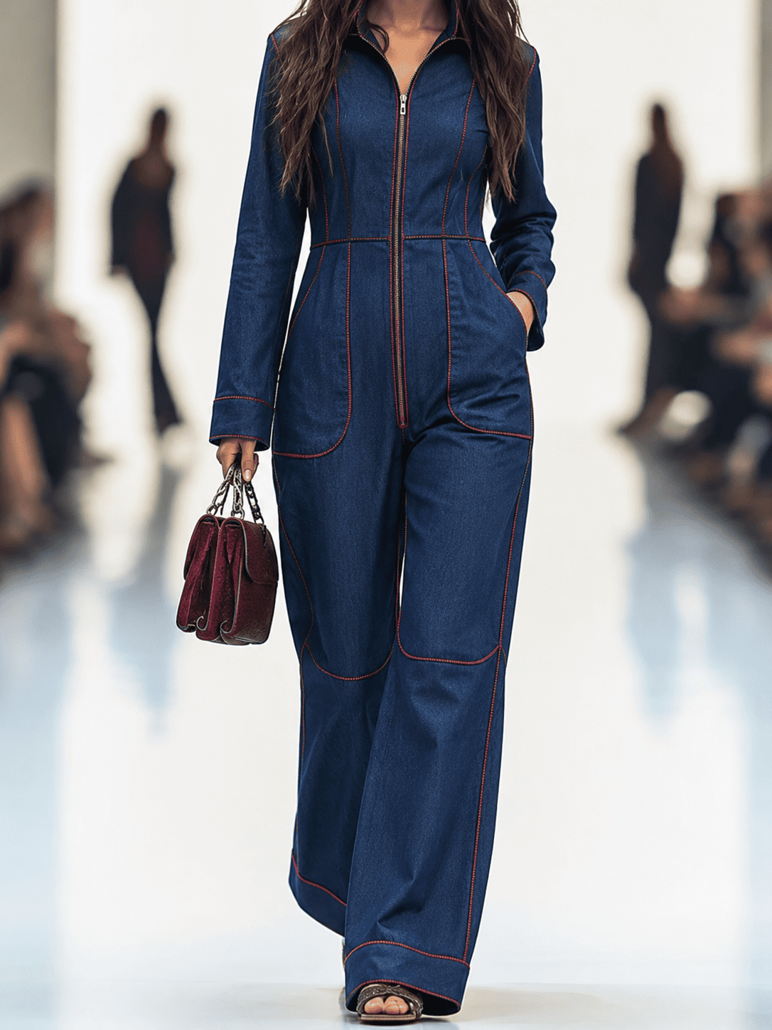Salopette in jeans casual donna retrò con colletto, cuciture rosse e tasche a gamba larga – Blu
