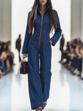 Salopeta de mezclilla casual para mujer estilo retro con cuello y costuras rojas, bolsillos en pierna ancha – Azul