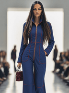 Salopeta de mezclilla casual para mujer estilo retro con cuello y costuras rojas, bolsillos en pierna ancha – Azul
