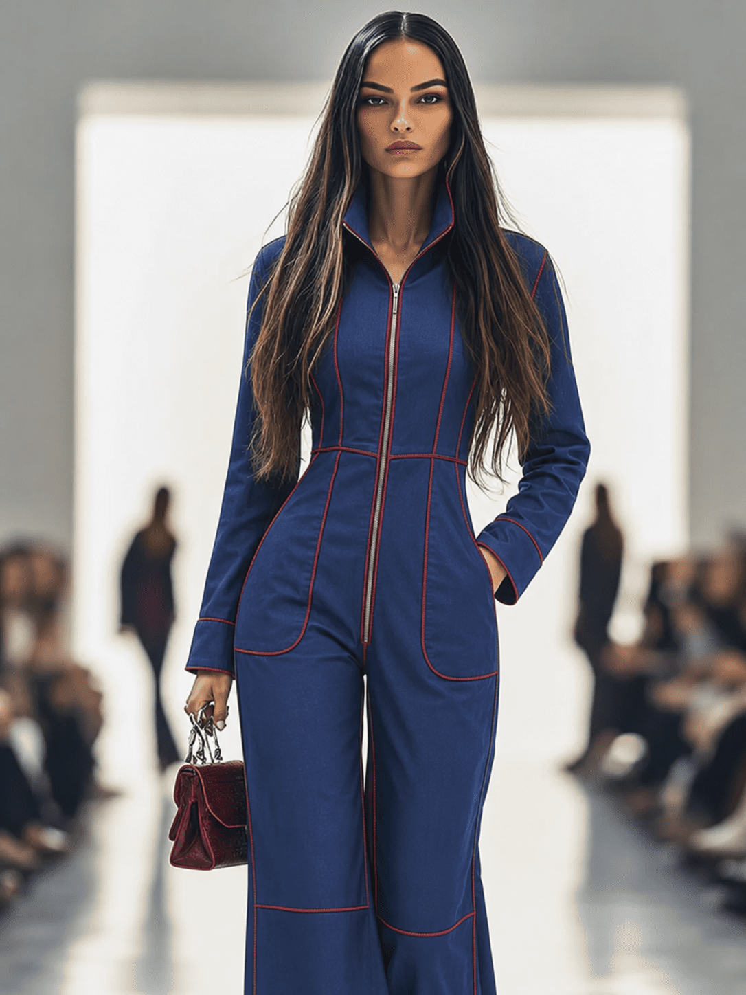 Salopette in jeans casual donna retrò con colletto, cuciture rosse e tasche a gamba larga – Blu
