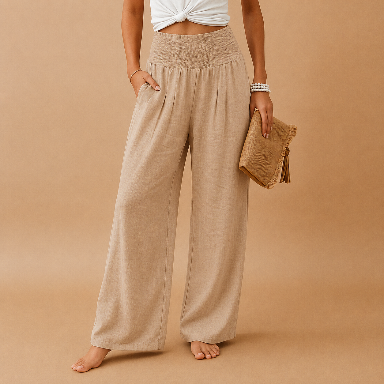 Pantalon Large Taille Haute Femme – Ceinture Smockée Fluide Casual Été