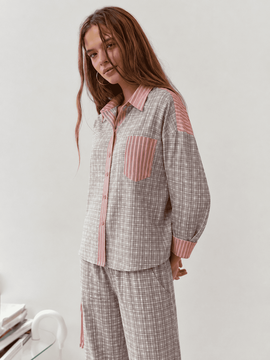 Women's Pajama Set with Long-Sleeve Shirt and Wide-Leg Pants, Loungewear, Relaxation